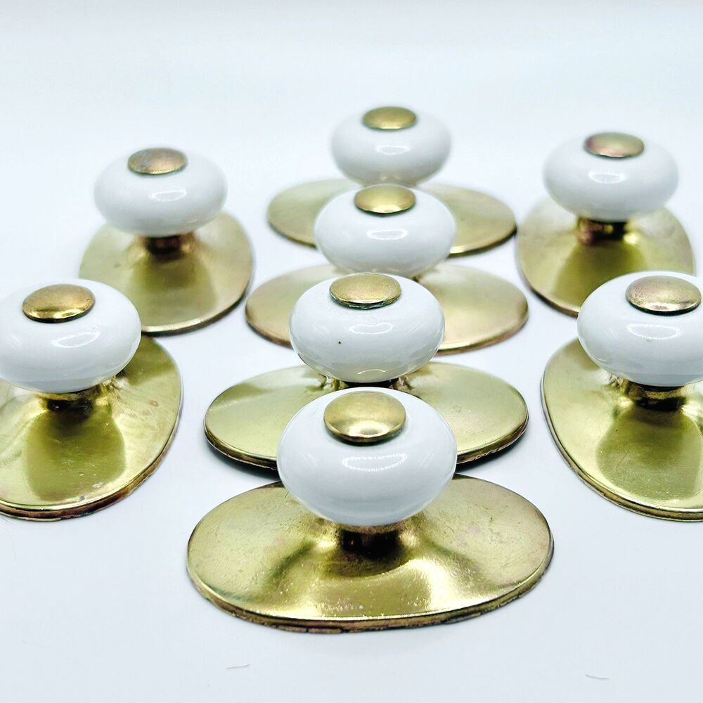 Vintage Keeler Brass Oval Porcelain Drawer Knobs Pulls Set of 8